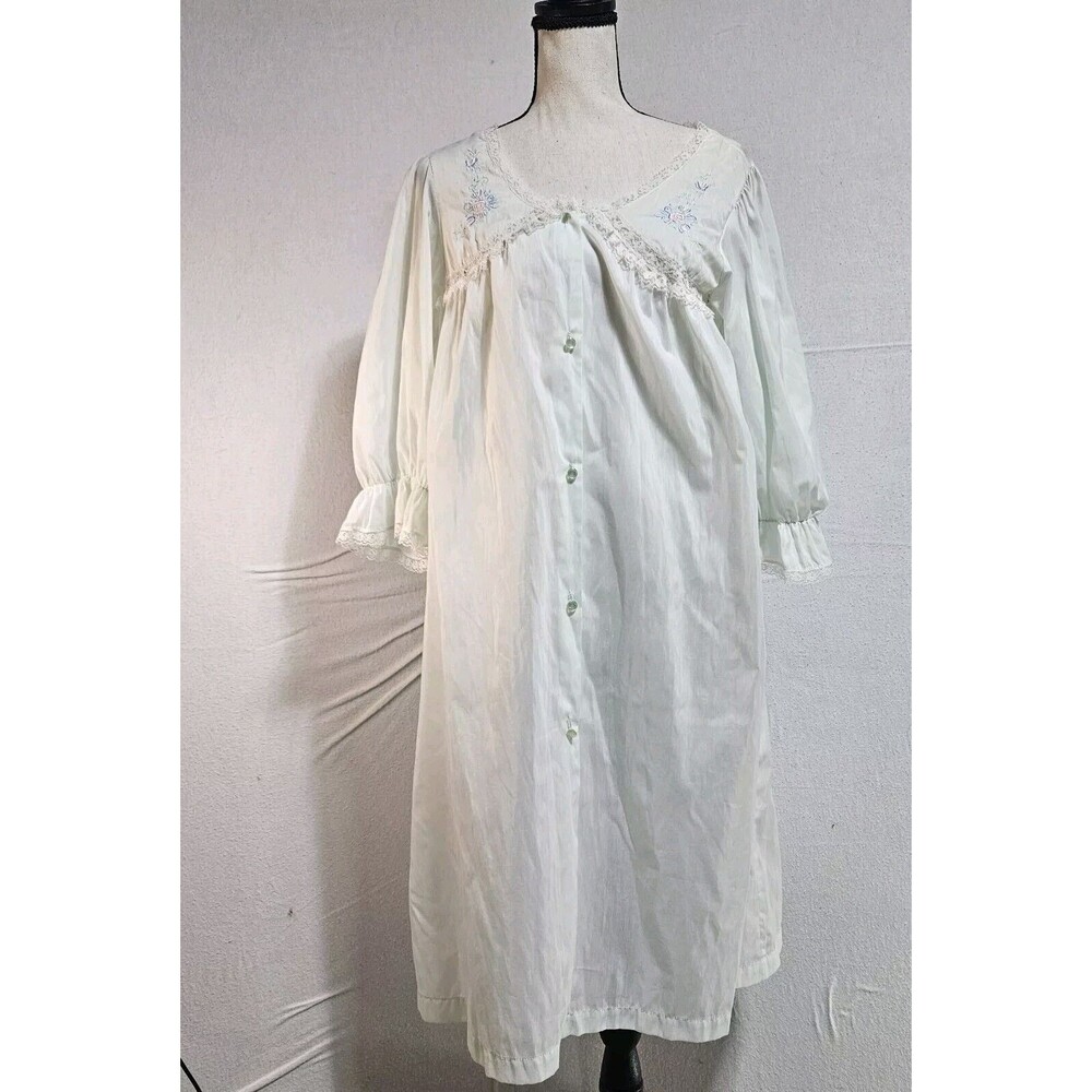 VTG BARBIZON Nightgown‎ Medium Green Satin-like Embroidery Lace Grannycore